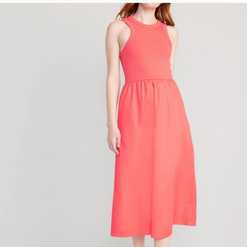 NWT ❗️ Old Navy sleeveless crew neck pink A-line midi dress with 2 pockets